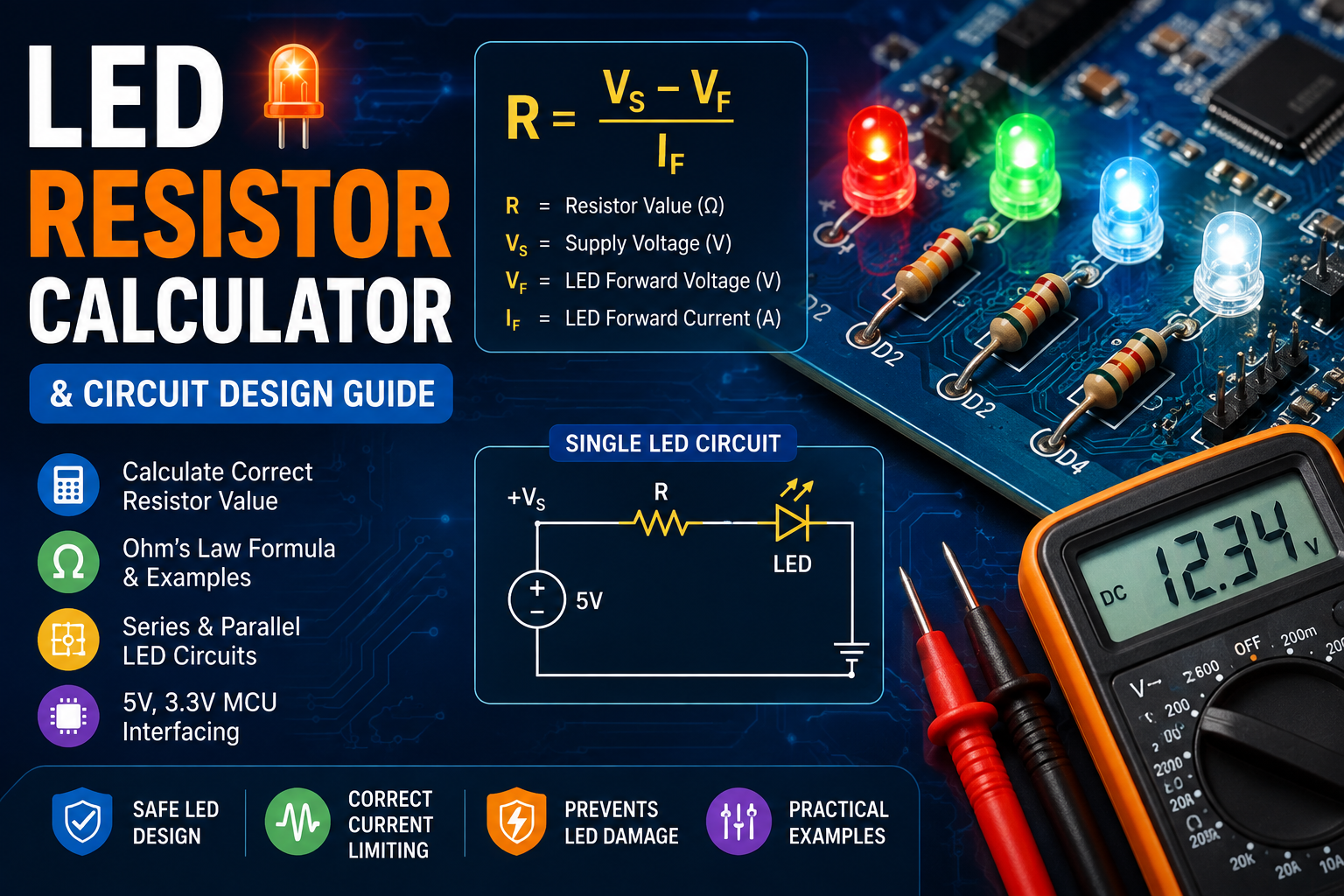 LED Resistor Calculator & Circuit Design Guide (Formula, Circuit & Examples)