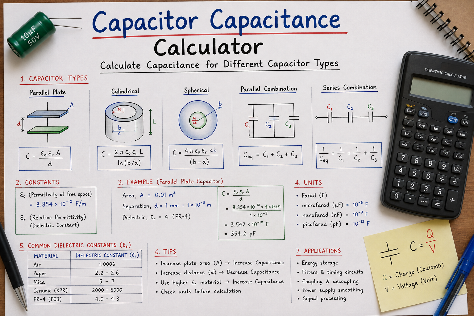 Capacitor Capacitance Calculator: Formula, Types, Calculations & Practical Examples
