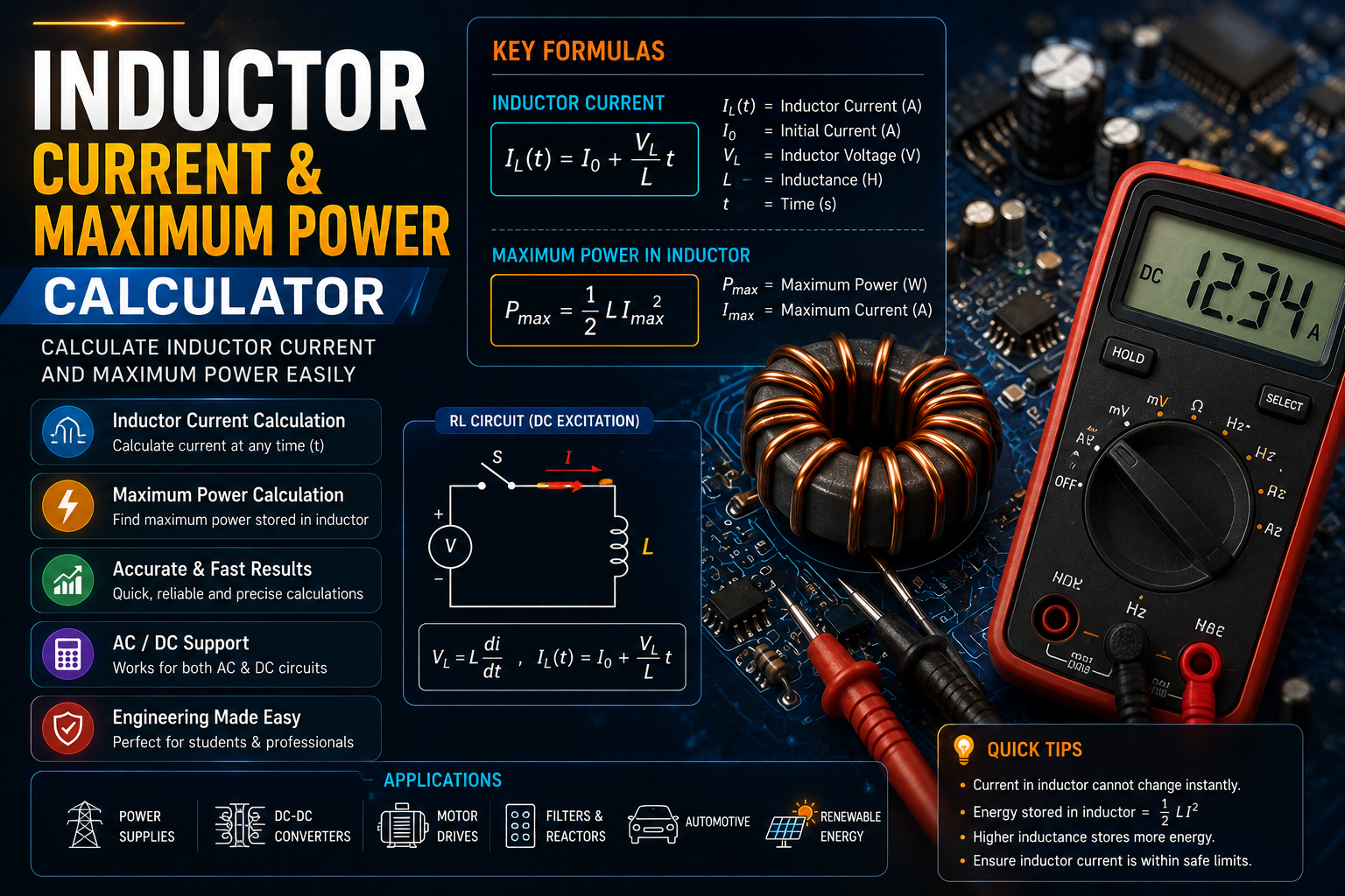 Inductor Current & Maximum Power Calculator: Formula, Energy Storage & Practical Examples