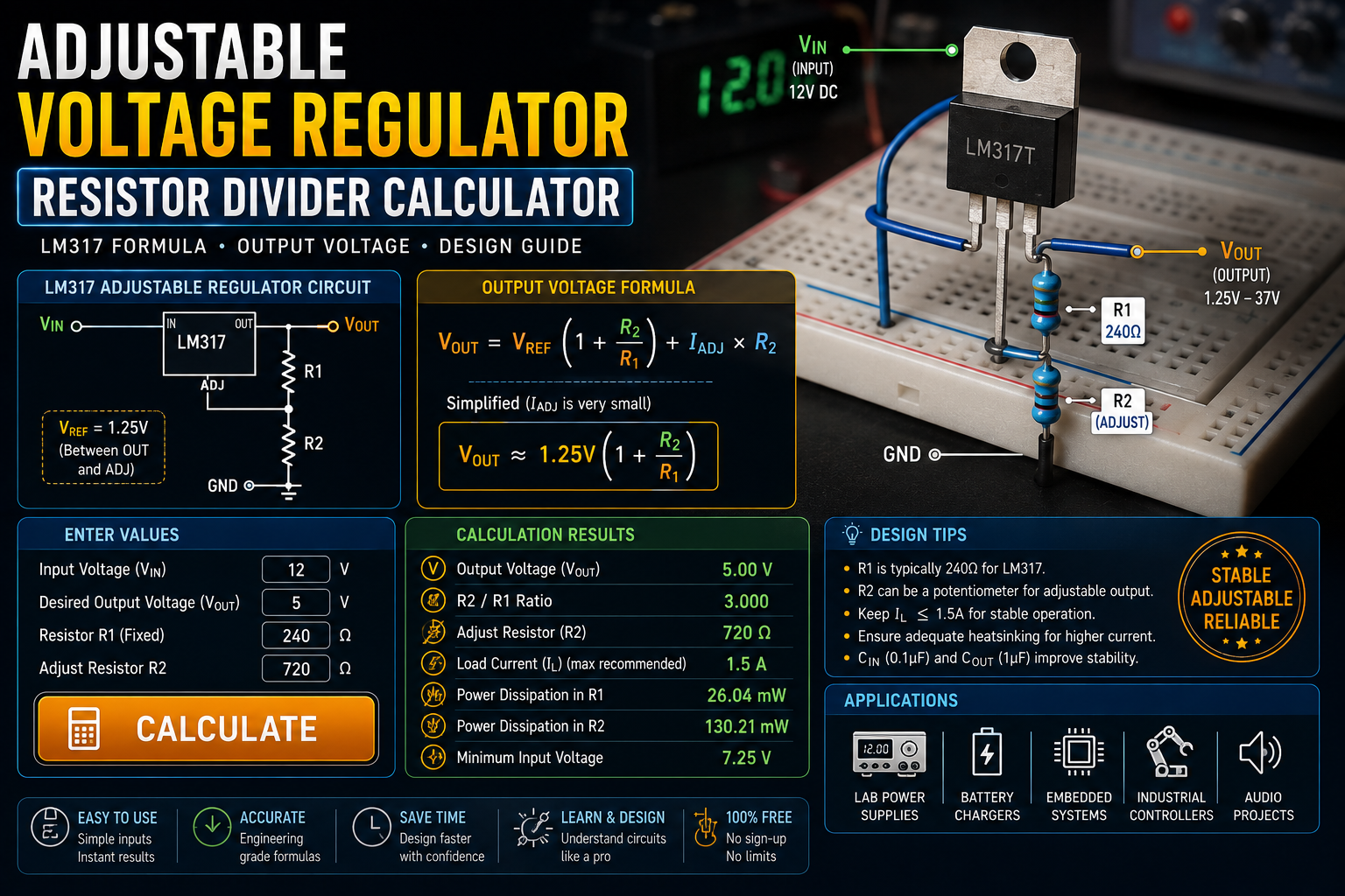 Adjustable Voltage Regulator Resistor Divider Calculator: LM317 Formula, Output Voltage & Design Guide